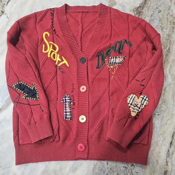 Ebossy Sweaters - Ebossy Red Embroidered Cardigan Sweater Colorful Buttons Women’s Large